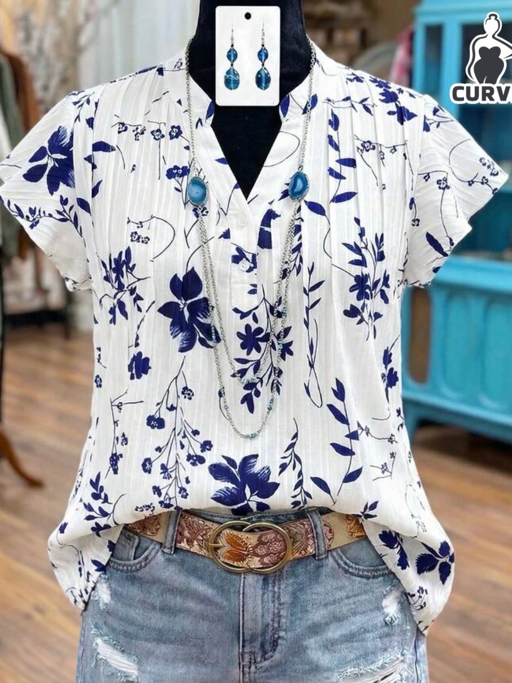 SHEIN LUNE CURVE - Women’s Floral Print Cap Sleeve blouse